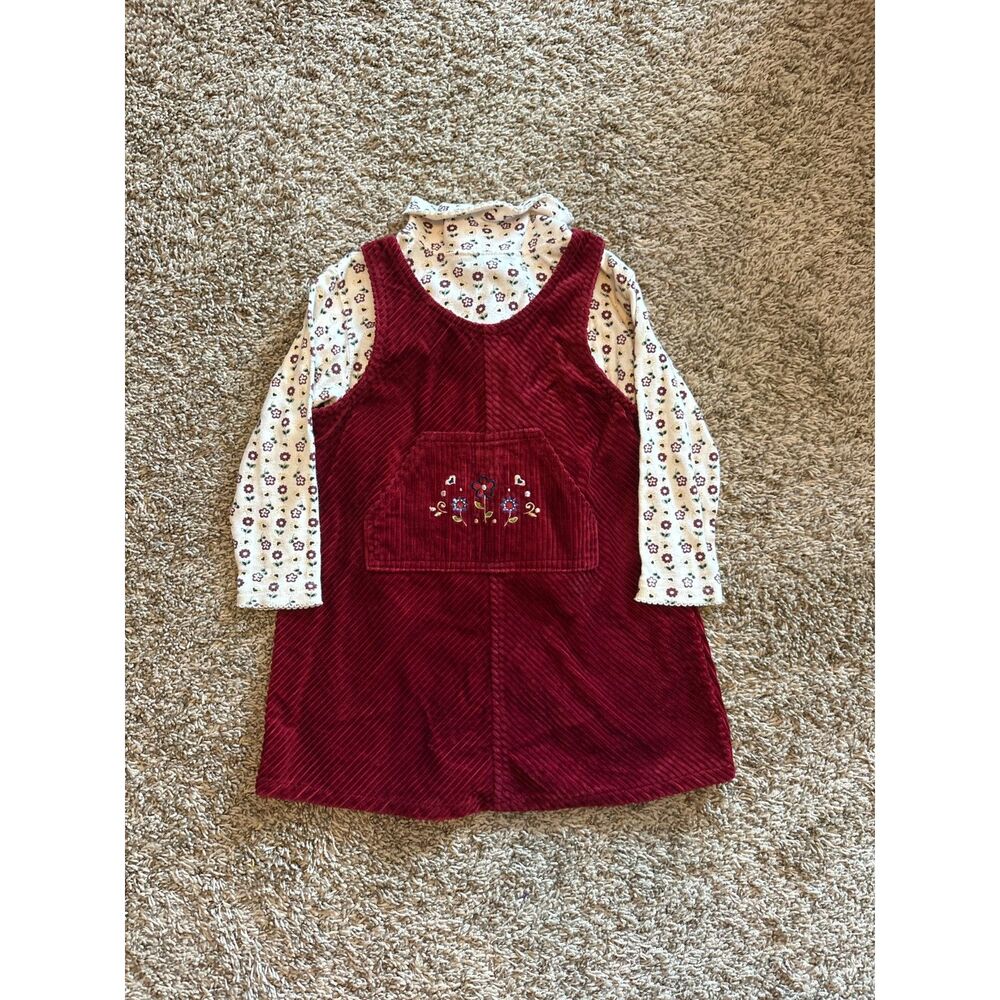 Vtg 1990's McKids burgundy corduroy flower embroidered jumper set